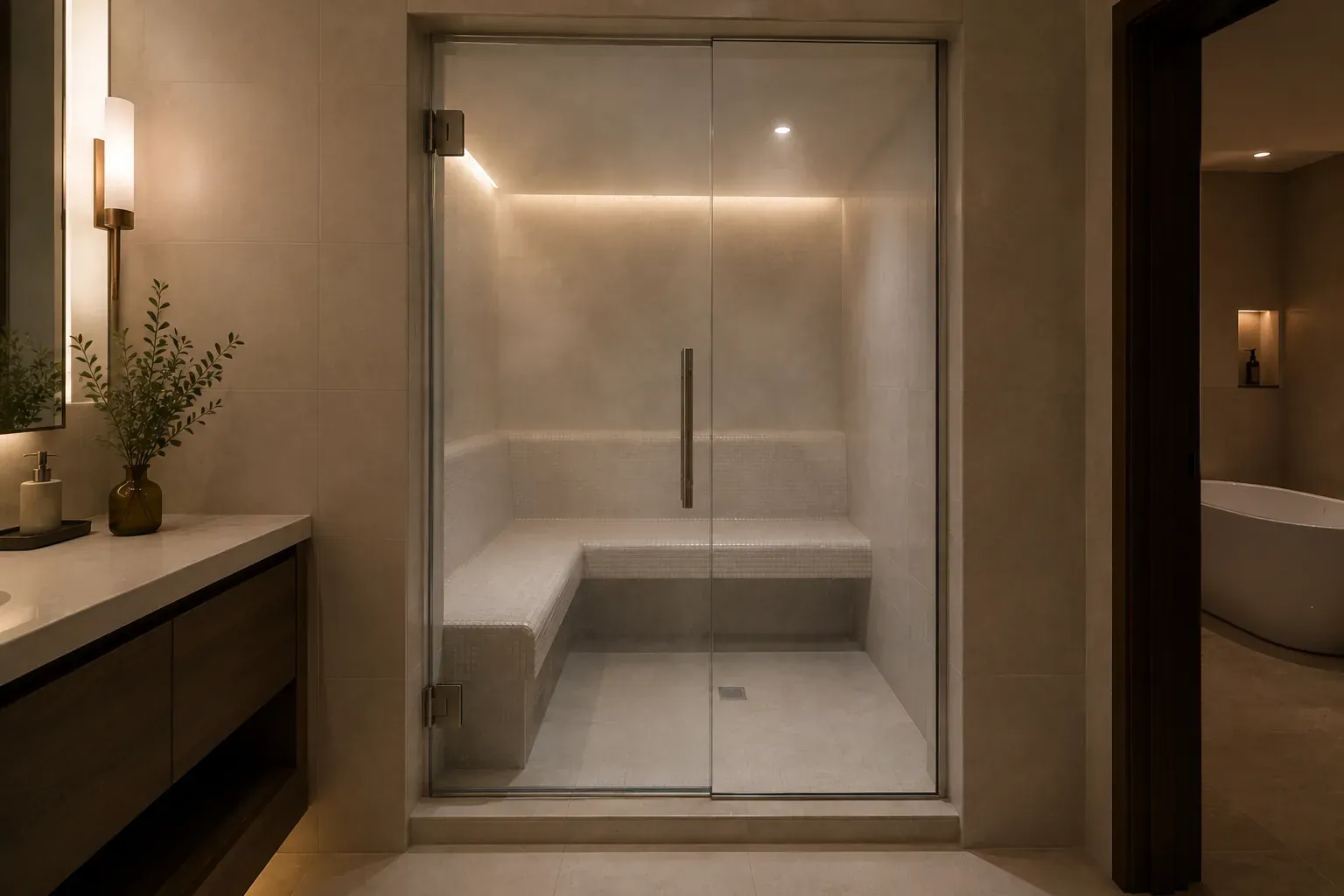 Built-in tiled steam room seen through its sealed glass door