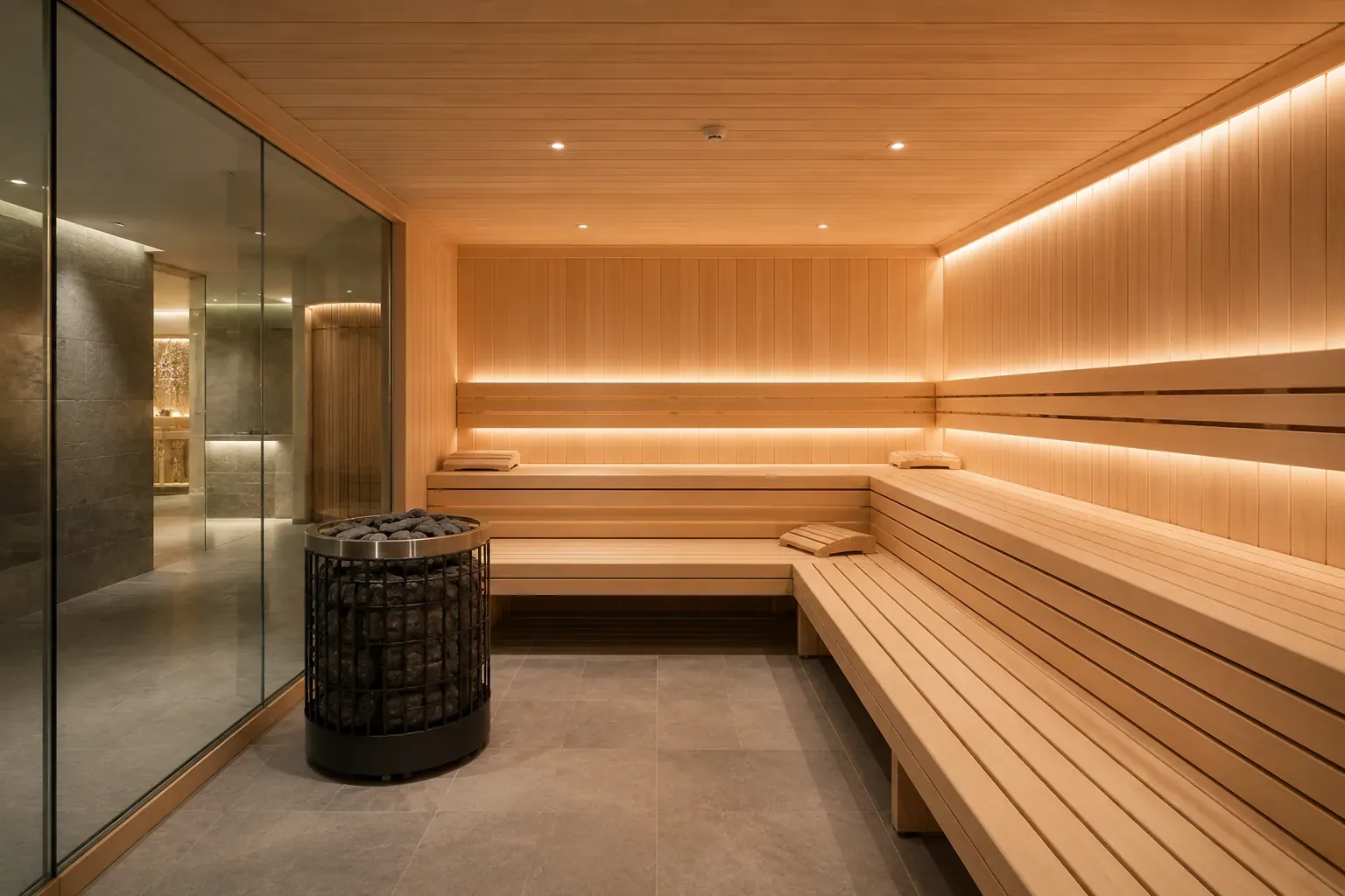 Large commercial sauna cabin with bench runs along two walls