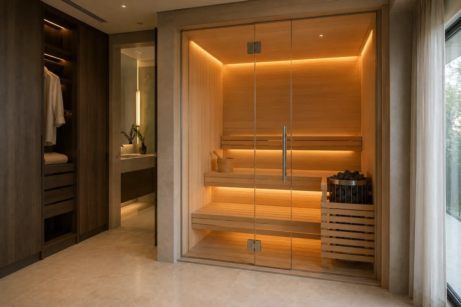 Home sauna with a full glass front built into a villa dressing area