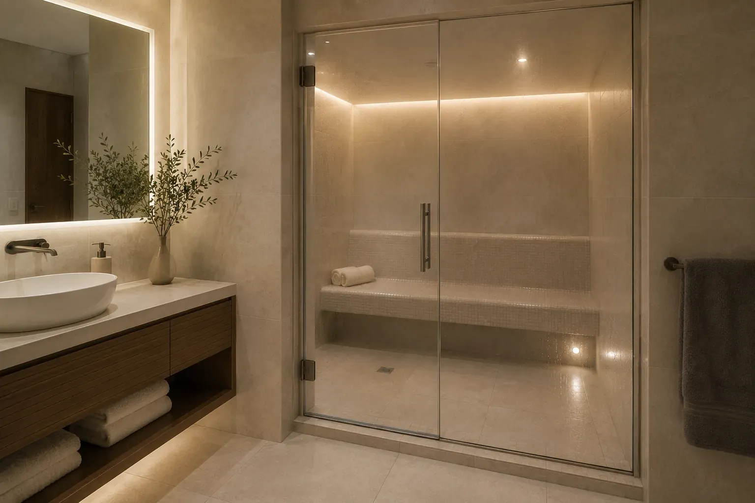 Home steam room built into a villa bathroom with a sealed glass door