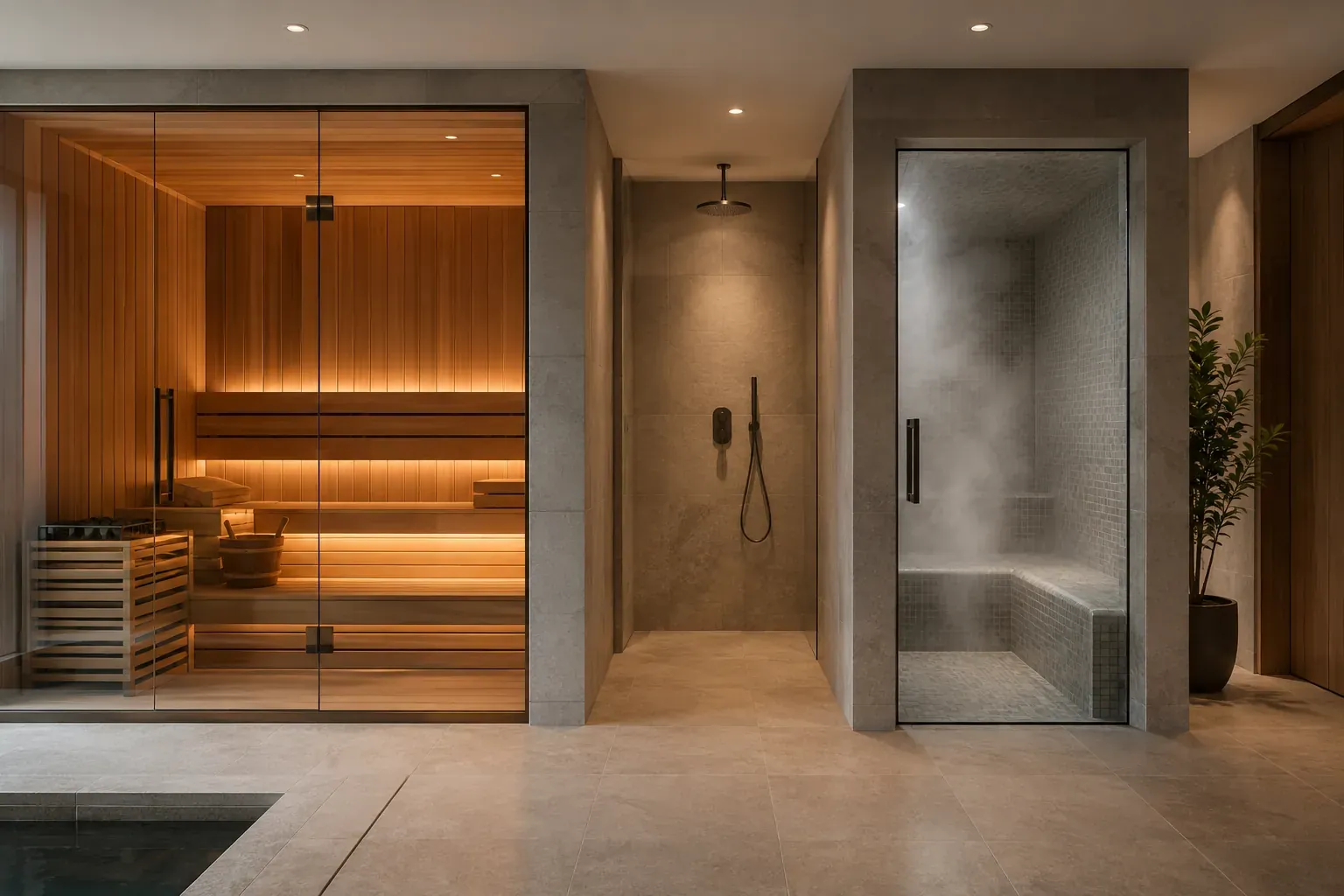 Indoor wellness area with a sauna cabin and steam room side by side