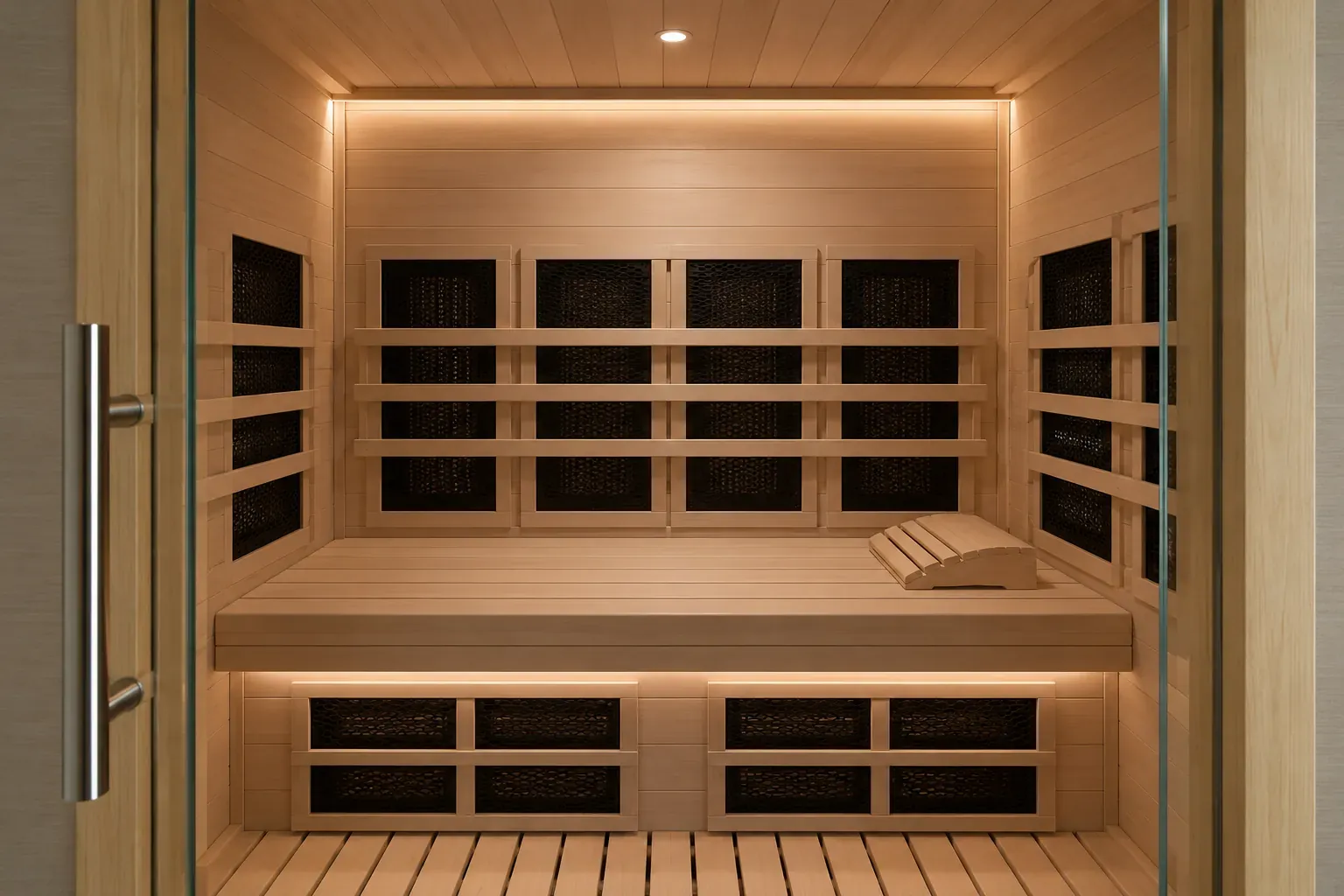 Infrared sauna interior showing carbon heater panels behind the backrest