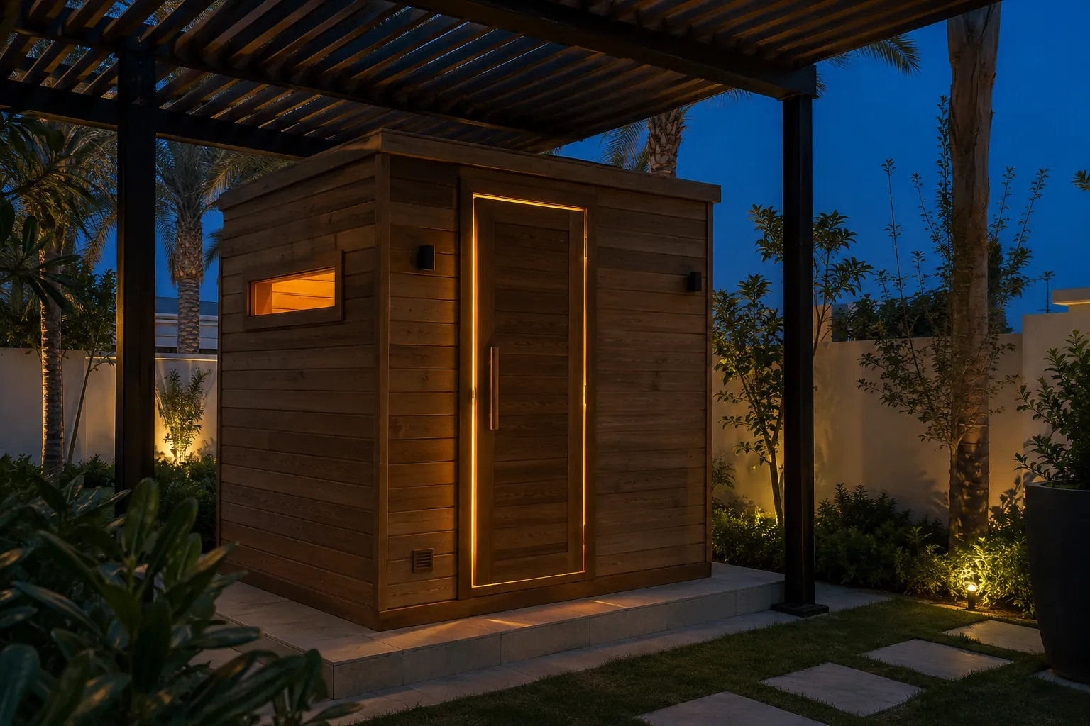 Outdoor timber sauna cabin in a villa garden at dusk