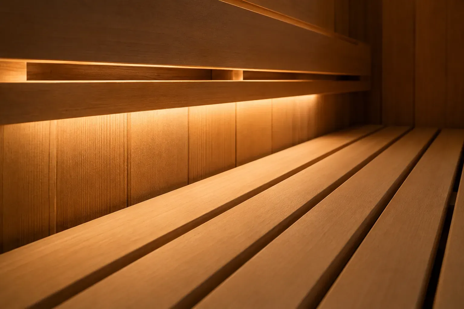Detail of sauna bench slats lit by concealed warm lighting