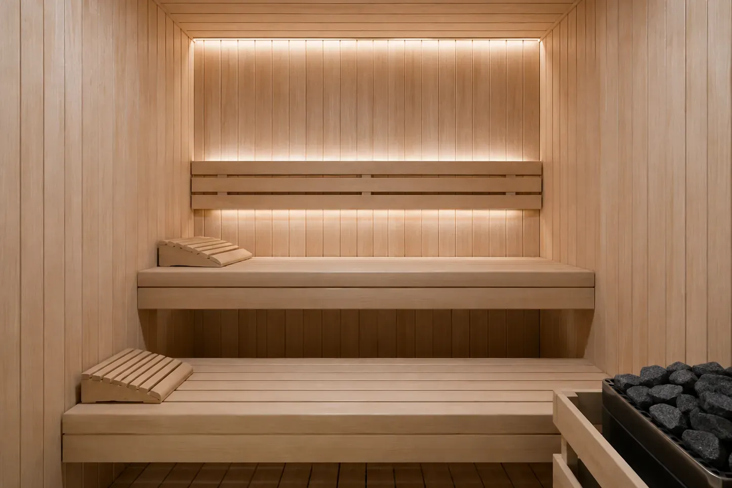 Two-tier sauna bench layout showing seating depth and spacing