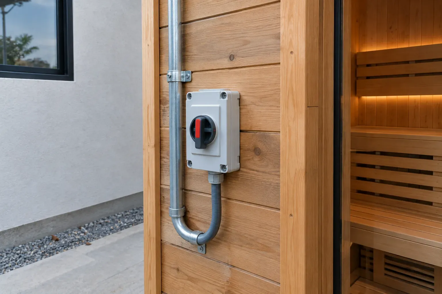 Weatherproof isolator switch and conduit beside a sauna cabin wall