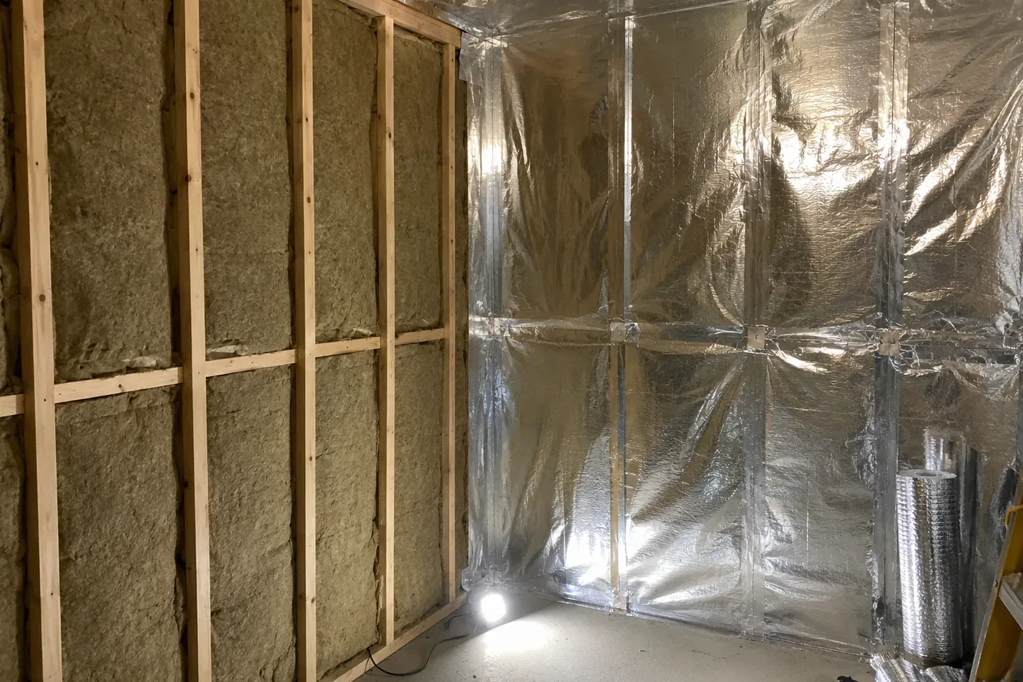 Sauna wall frame with mineral wool insulation and foil vapour barrier being installed