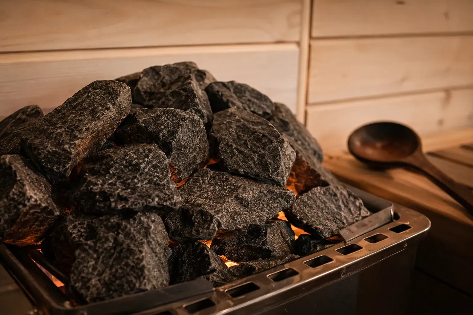 Close view of heater stones inside a working sauna