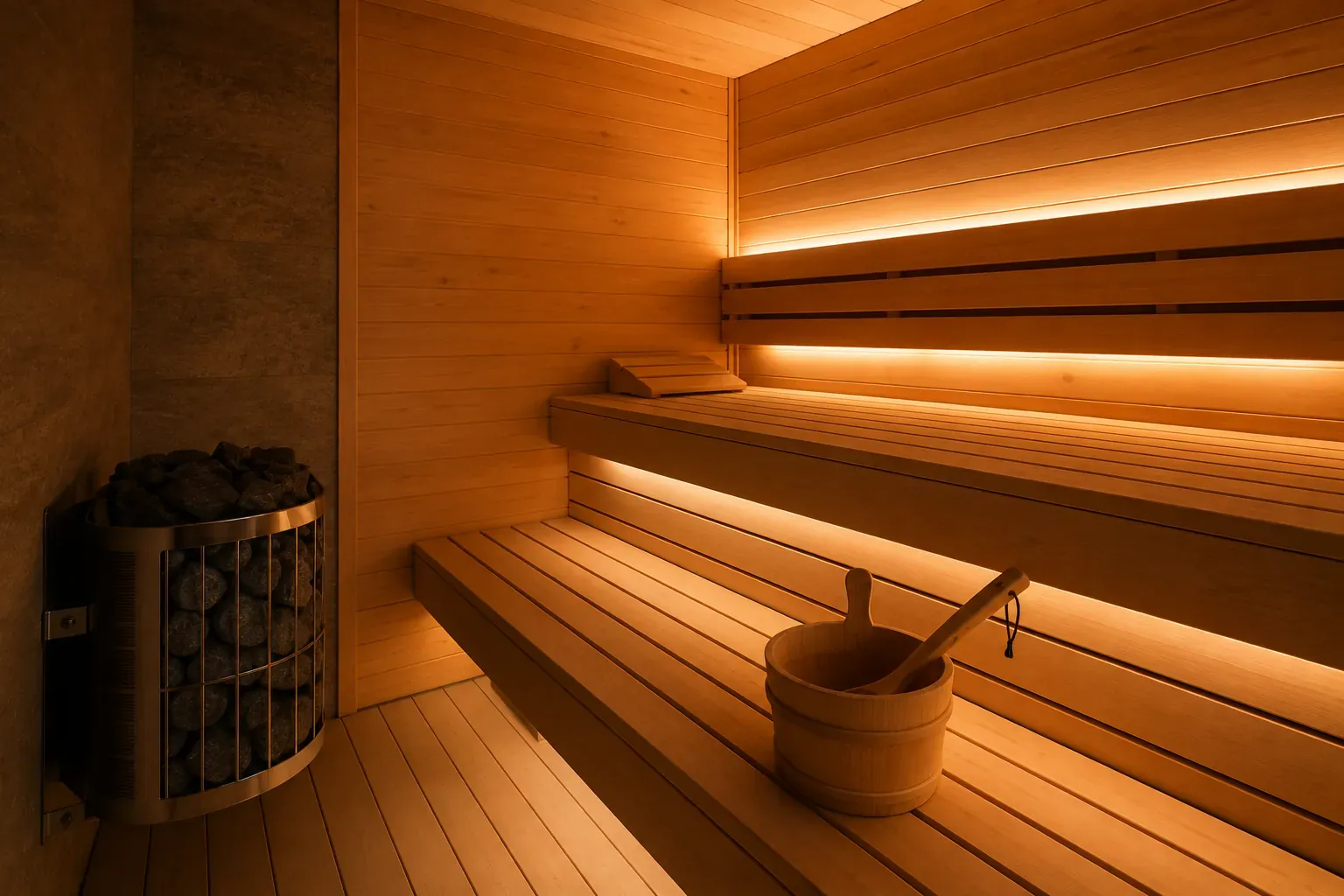 Warmly lit sauna interior with timber benches and a heater with stones