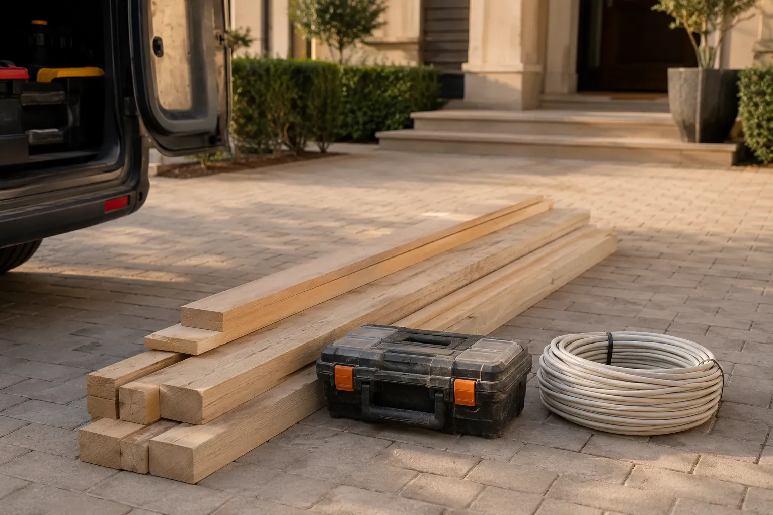 Tools and materials being unloaded at a residential site