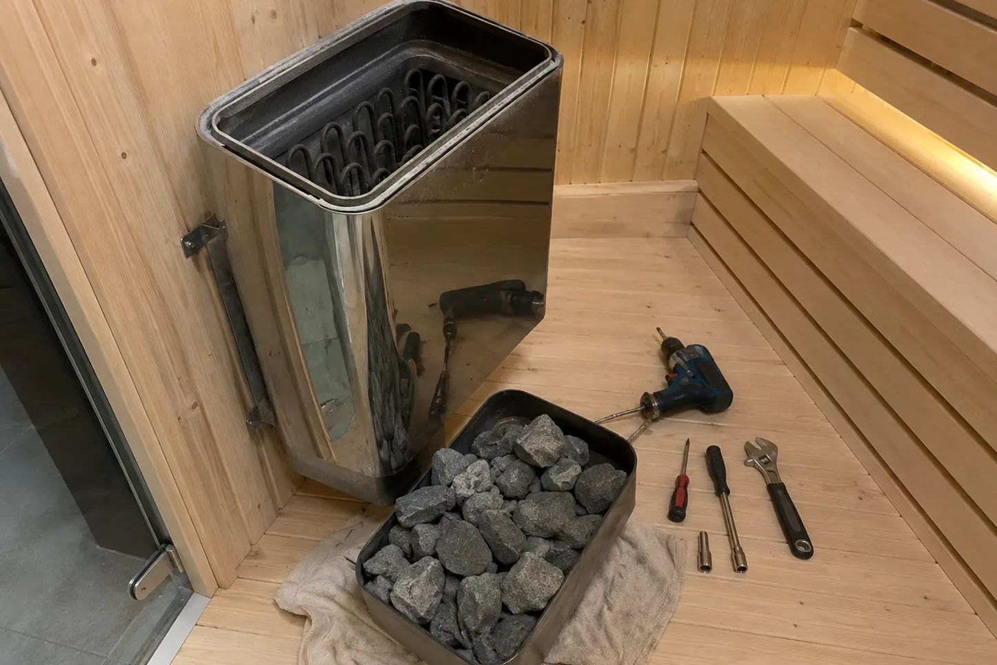 Sauna heater with stones removed during a service inspection