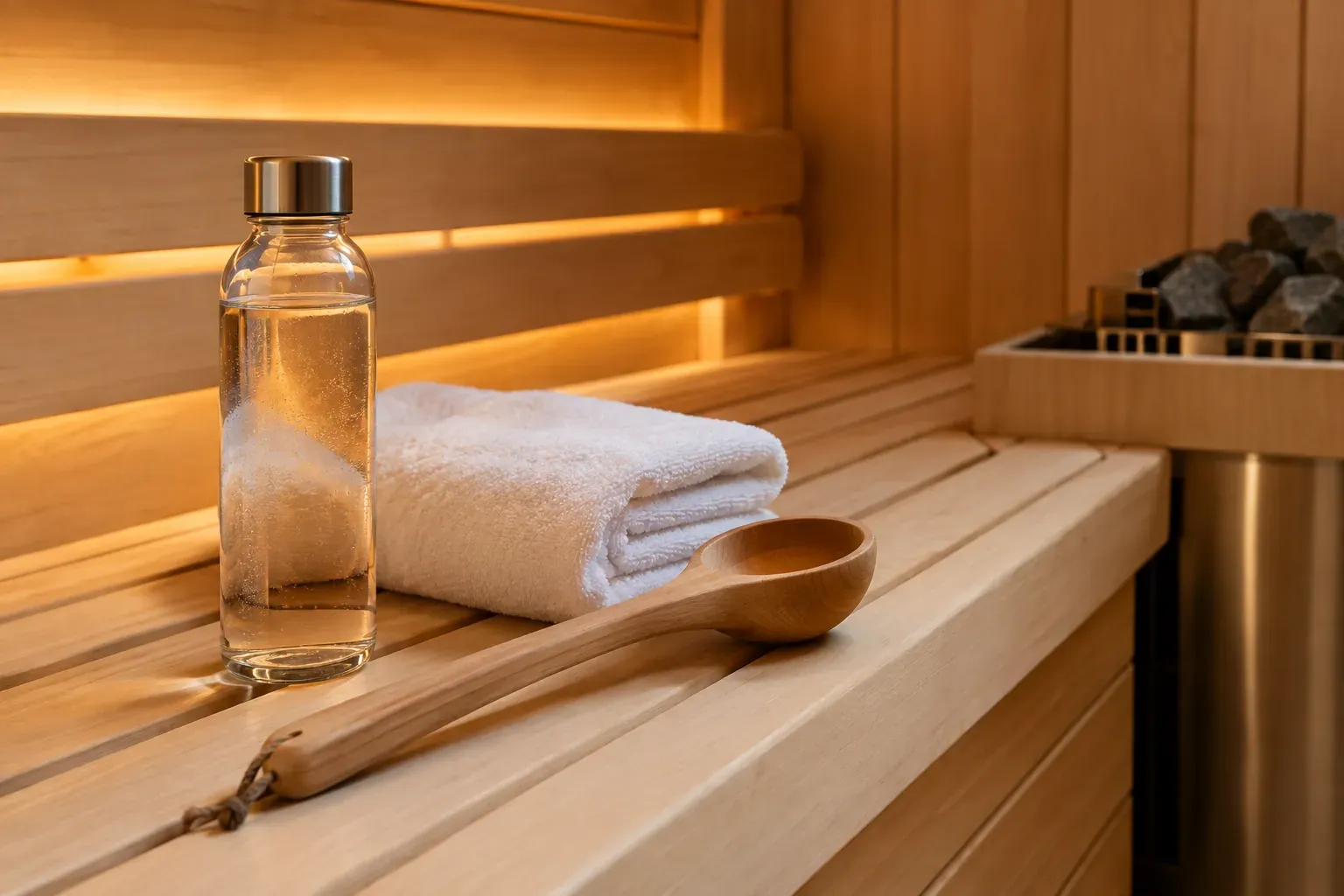 Water bottle and towel on a sauna bench after a session