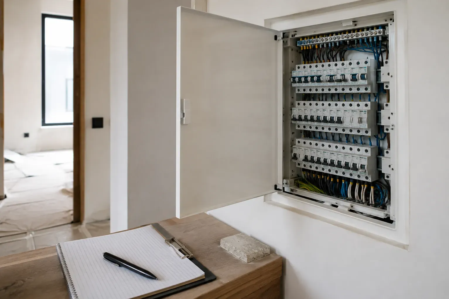 Open distribution board being checked during a site survey
