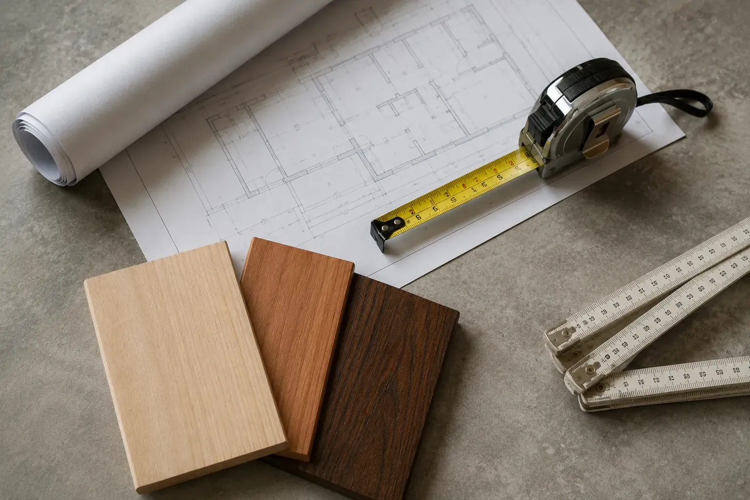 Timber samples and a tape measure on a plan drawing during a site survey