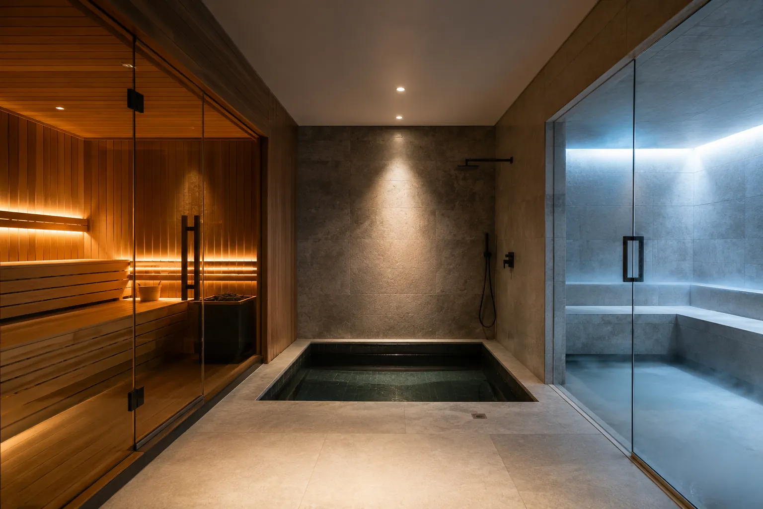 Wellness suite layout with sauna, steam room and plunge pool arranged in sequence