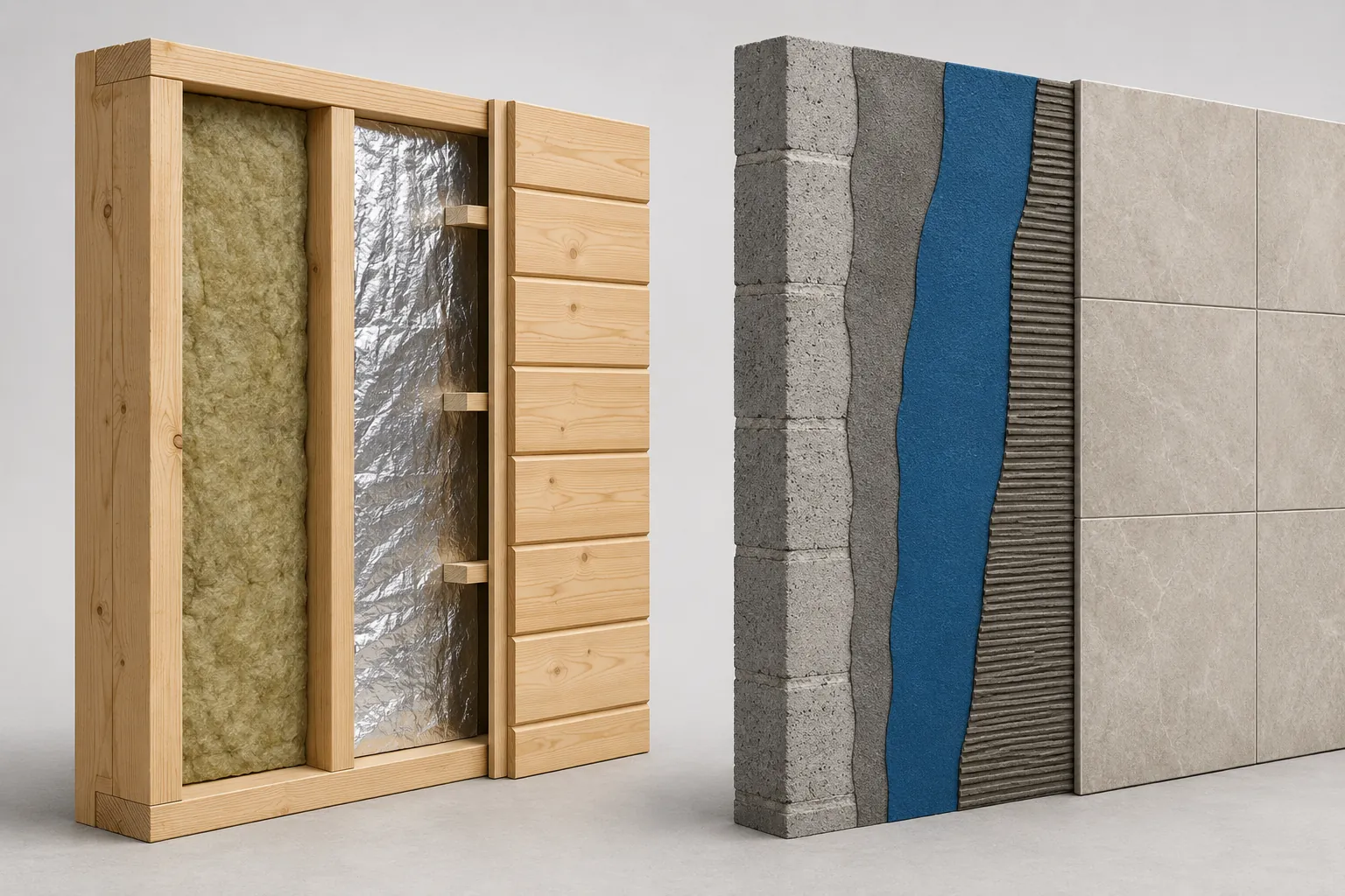 Cutaway comparison of a sauna wall build-up beside a steam room wall build-up