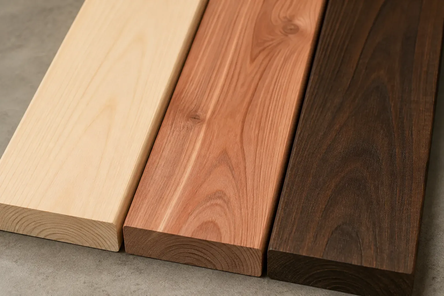 Timber samples showing hemlock, cedar and thermowood grain side by side