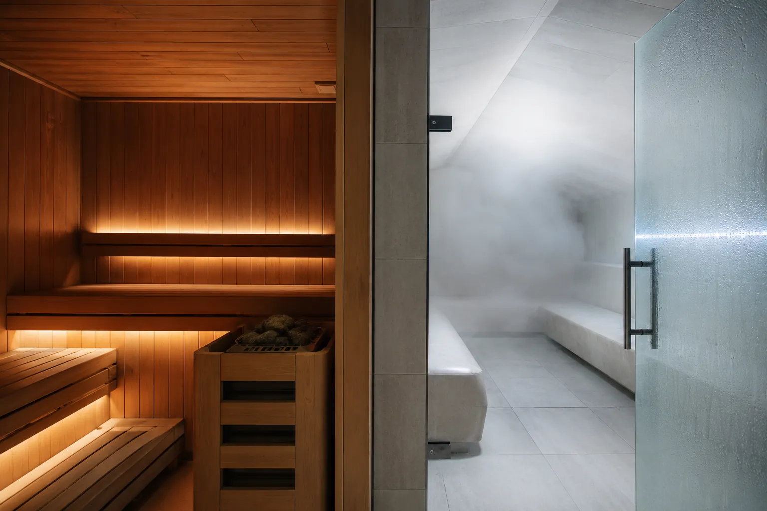 Split view of a timber sauna interior beside a tiled steam room interior