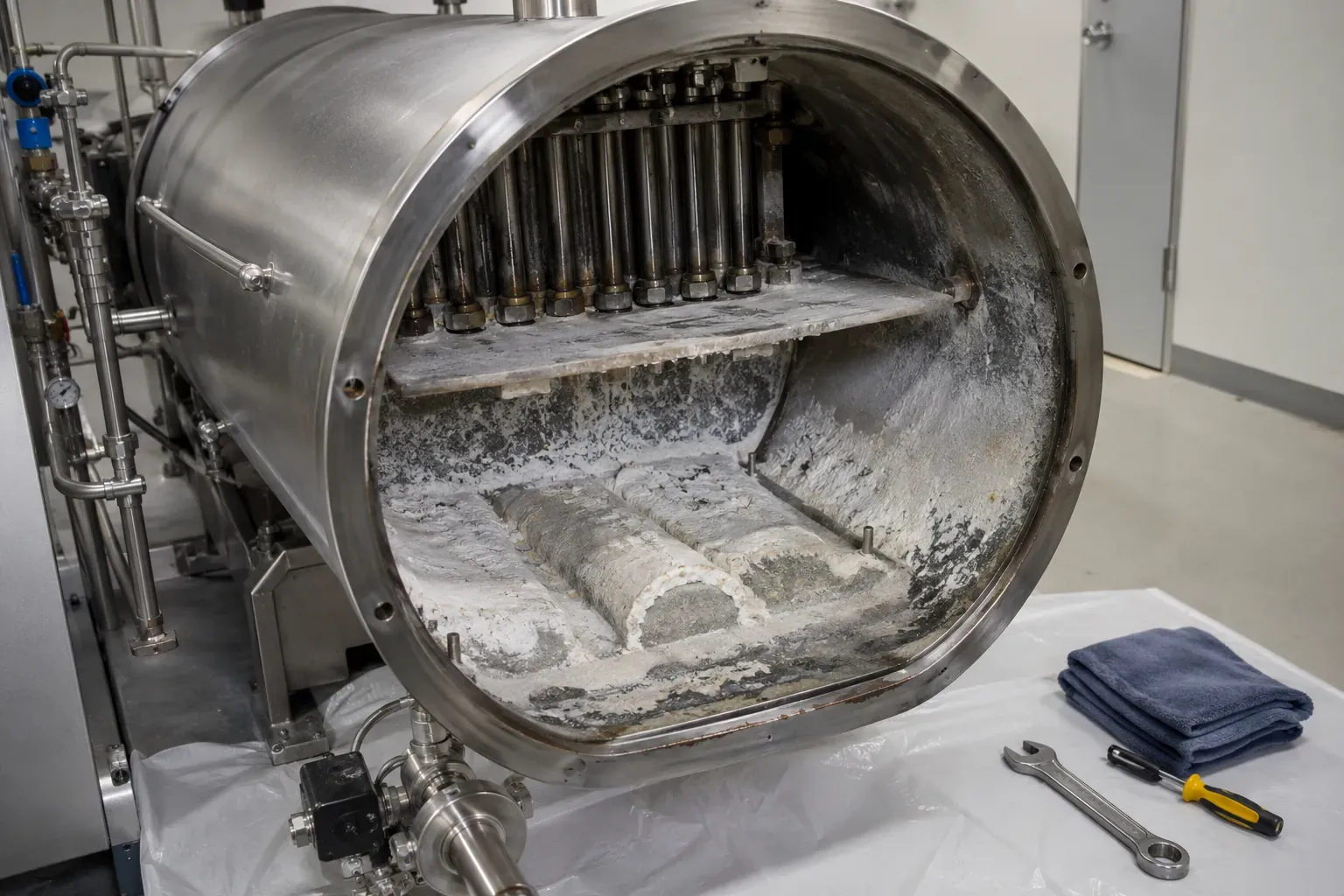 Steam generator tank opened for descaling during a service visit