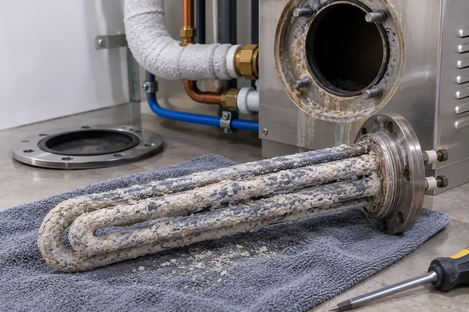 Heating element removed from a steam generator showing limescale build-up