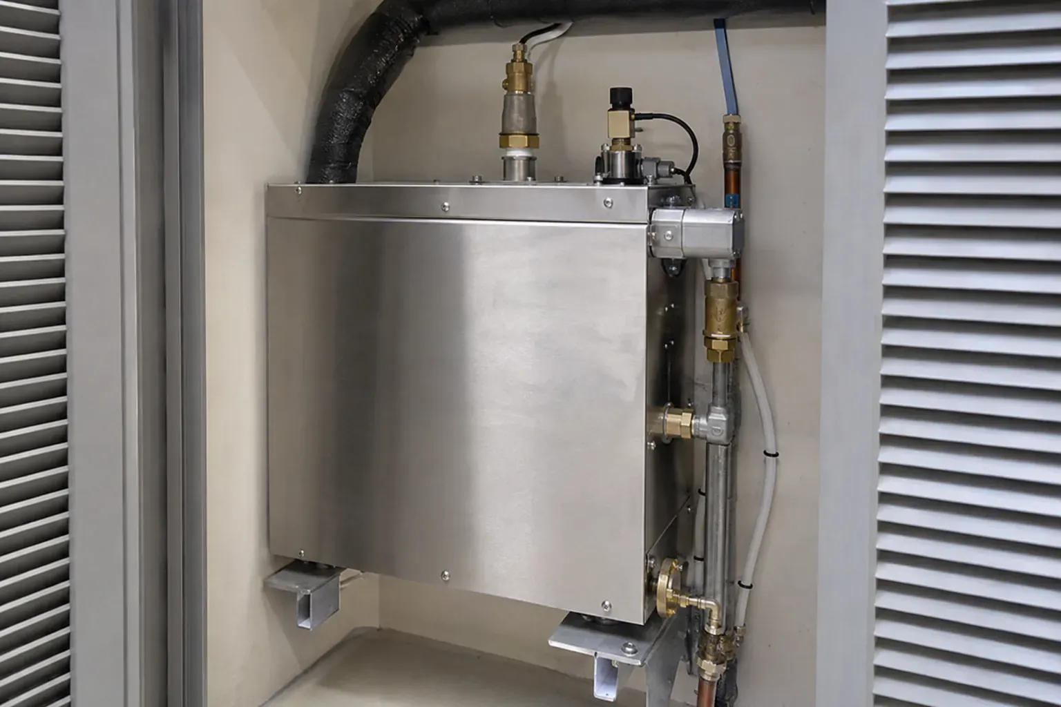 Steam generator installed in a ventilated service cupboard with pipework
