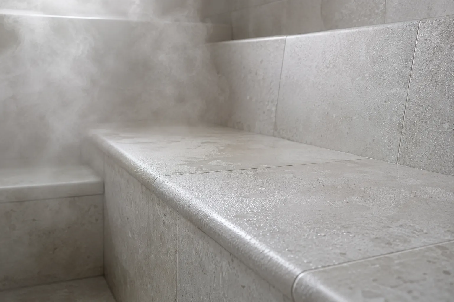 Tiled steam room bench with condensation and soft steam