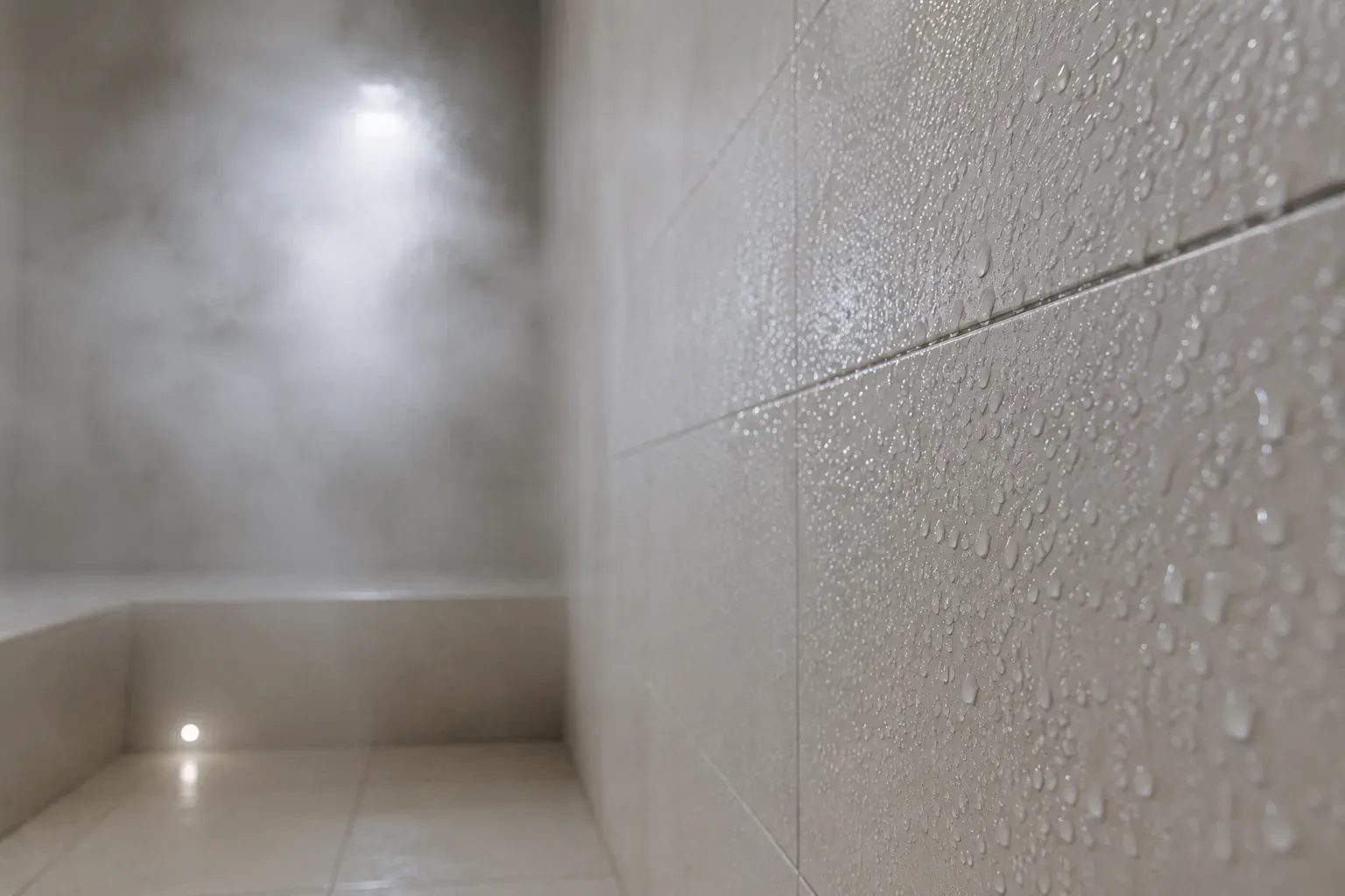 Condensation beading on porcelain tile inside a working steam room