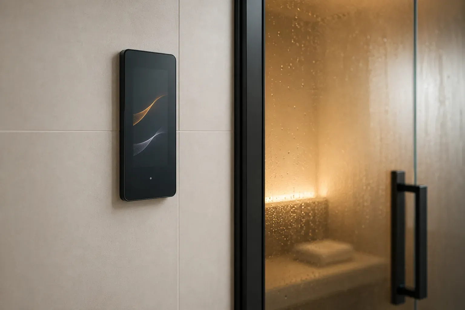 Digital steam room control panel mounted outside a tiled wet room