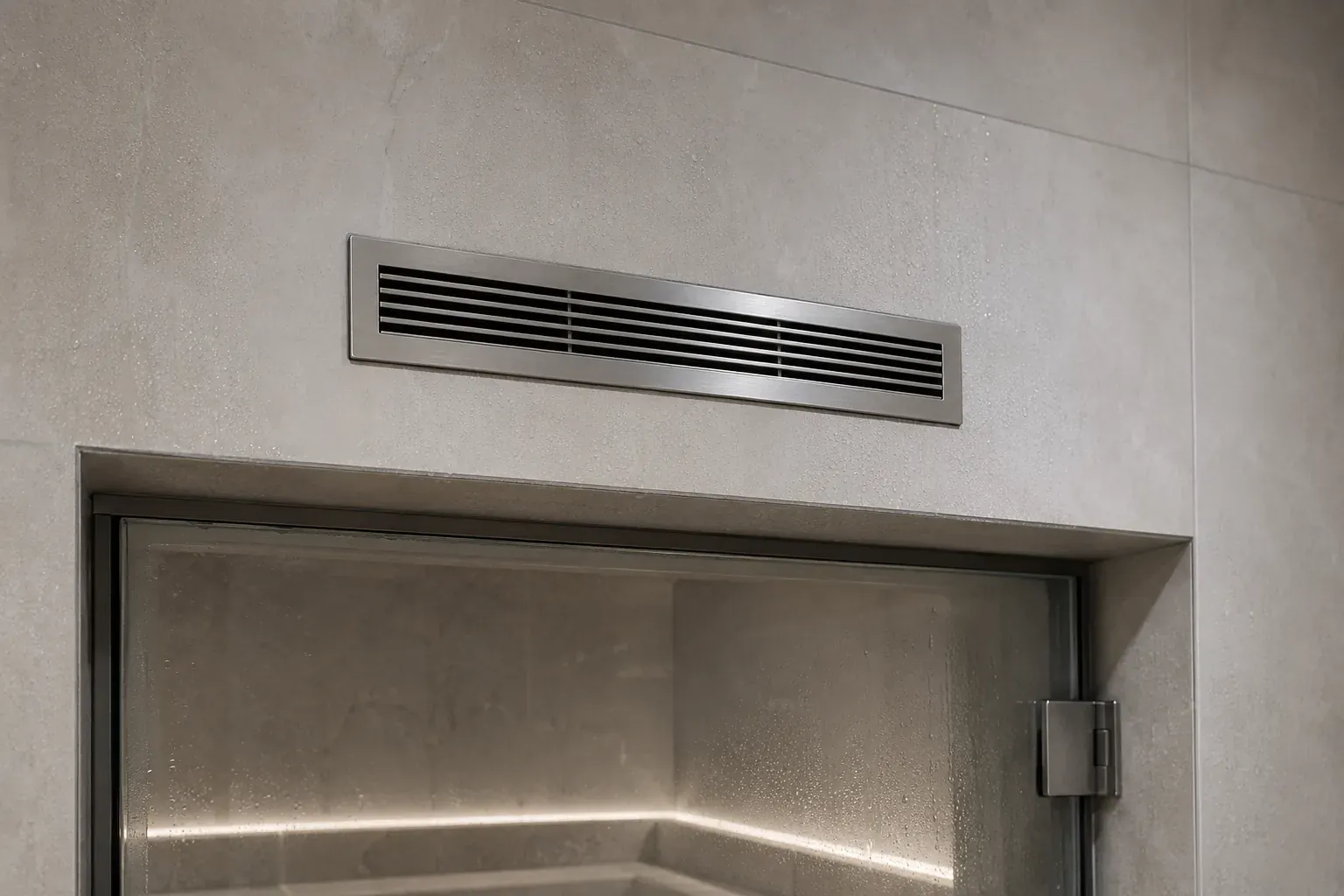 Extract vent grille above a tiled steam room door