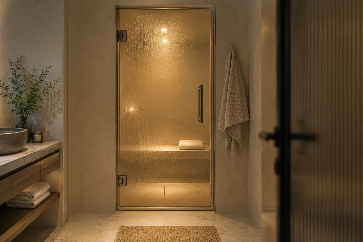 Warm light through the glass door of a domestic steam room