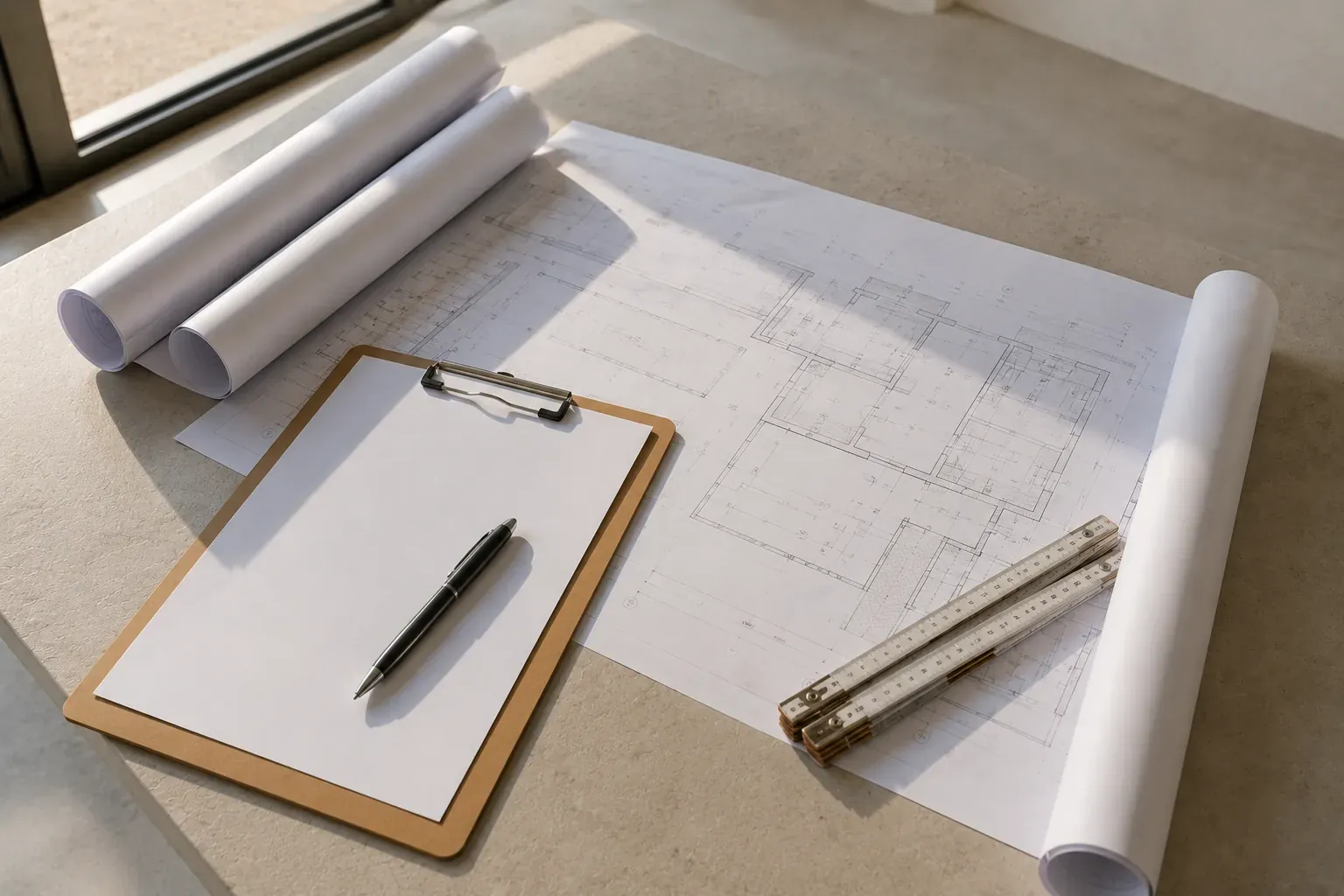 Site drawings and a clipboard on a table during a villa fit-out