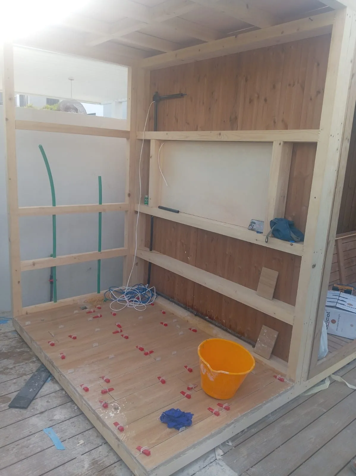 Steam room walls framed and battened in a villa before tanking